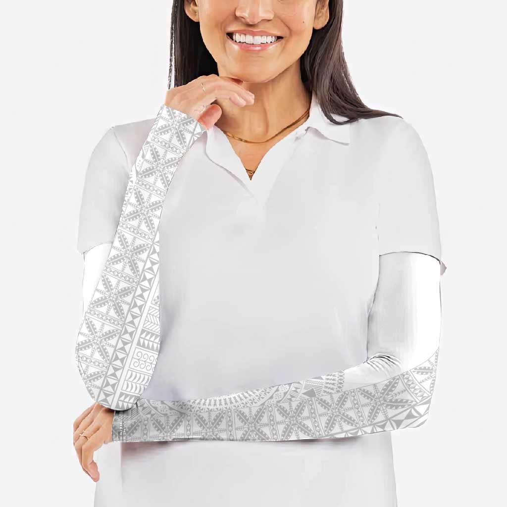 Niue White Sunday Arm Sleeves Half Hiapo Pattern Vibes - Polynesian Pride