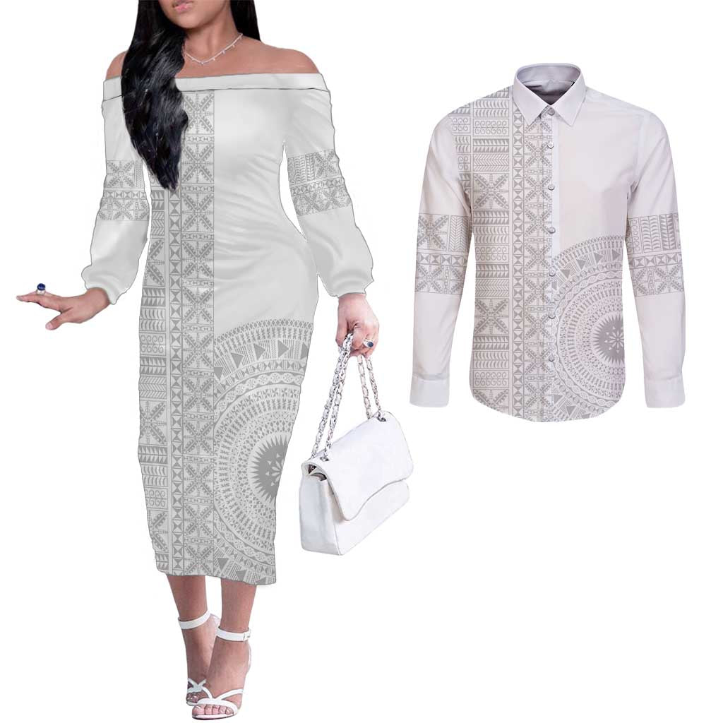 Niue White Sunday Couples Matching Off The Shoulder Long Sleeve Dress and Long Sleeve Button Shirt Half Hiapo Pattern Vibes - Polynesian Pride