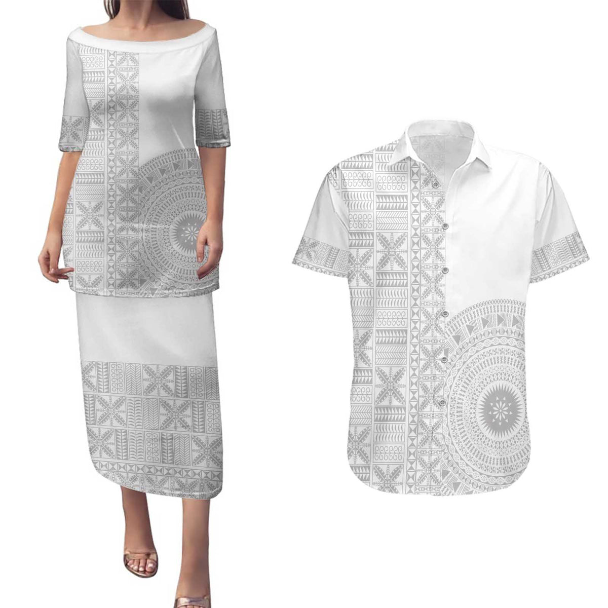 Niue White Sunday Couples Matching Puletasi and Hawaiian Shirt Half Hiapo Pattern Vibes - Polynesian Pride