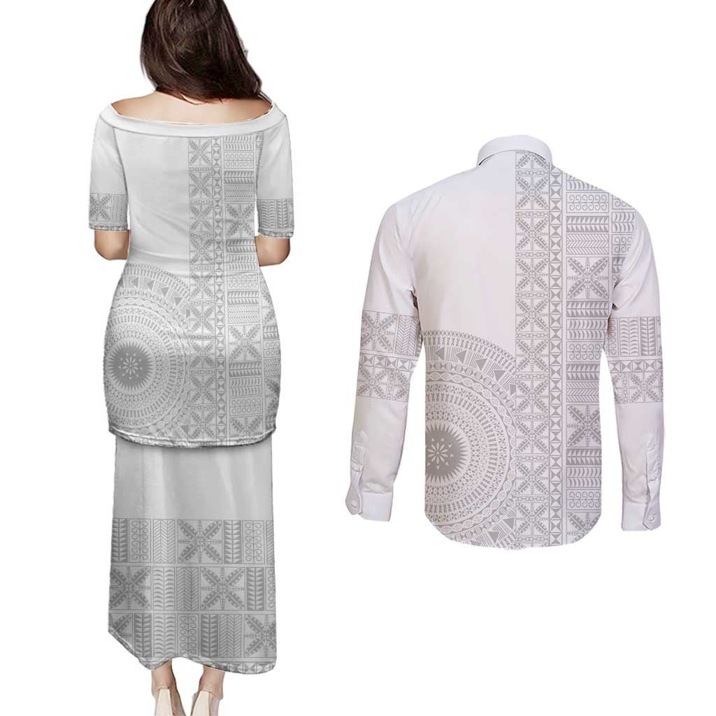 Niue White Sunday Couples Matching Puletasi and Long Sleeve Button Shirt Half Hiapo Pattern Vibes - Polynesian Pride