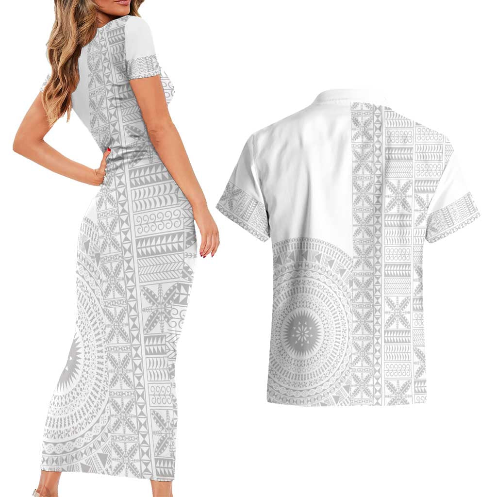 Niue White Sunday Couples Matching Short Sleeve Bodycon Dress and Hawaiian Shirt Half Hiapo Pattern Vibes - Polynesian Pride