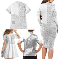 Niue White Sunday Family Matching Long Sleeve Bodycon Dress and Hawaiian Shirt Half Hiapo Pattern Vibes - Polynesian Pride