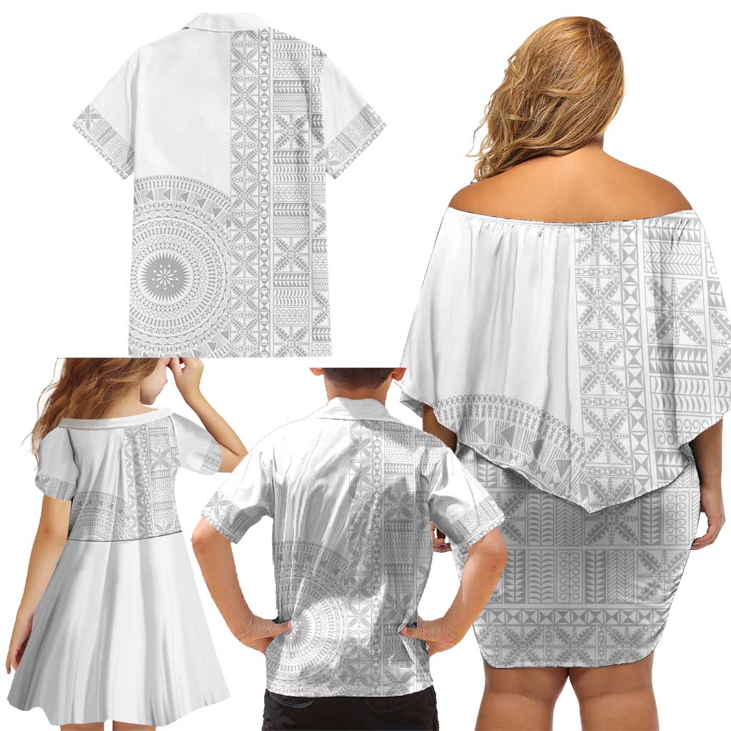 Niue White Sunday Family Matching Off Shoulder Short Dress and Hawaiian Shirt Half Hiapo Pattern Vibes - Polynesian Pride