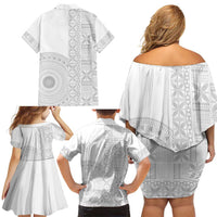 Niue White Sunday Family Matching Off Shoulder Short Dress and Hawaiian Shirt Half Hiapo Pattern Vibes - Polynesian Pride