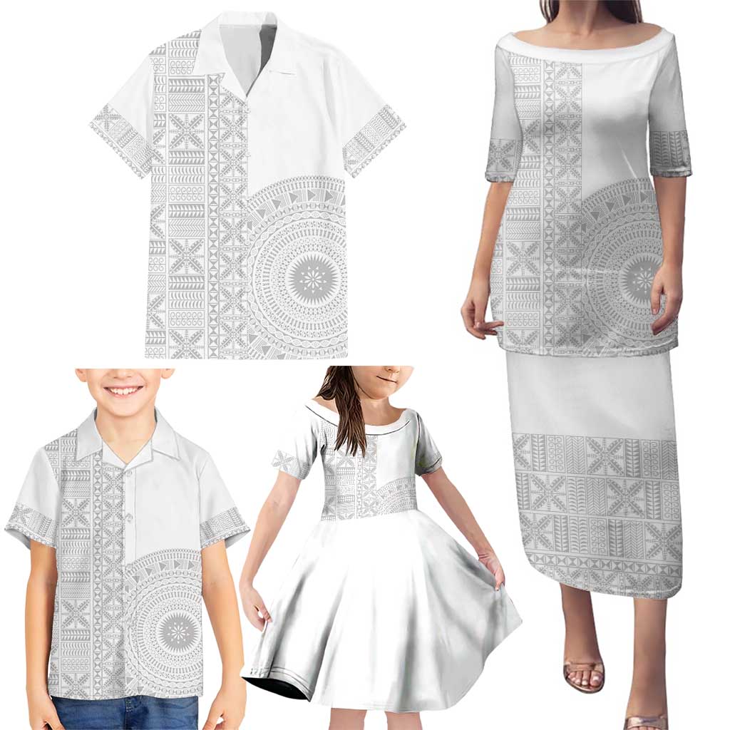 Niue White Sunday Family Matching Puletasi and Hawaiian Shirt Half Hiapo Pattern Vibes - Polynesian Pride