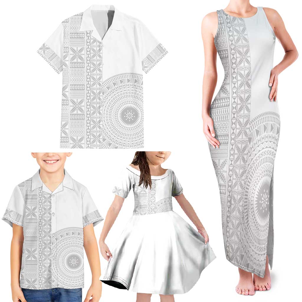 Niue White Sunday Family Matching Tank Maxi Dress and Hawaiian Shirt Half Hiapo Pattern Vibes LT14 - Polynesian Pride