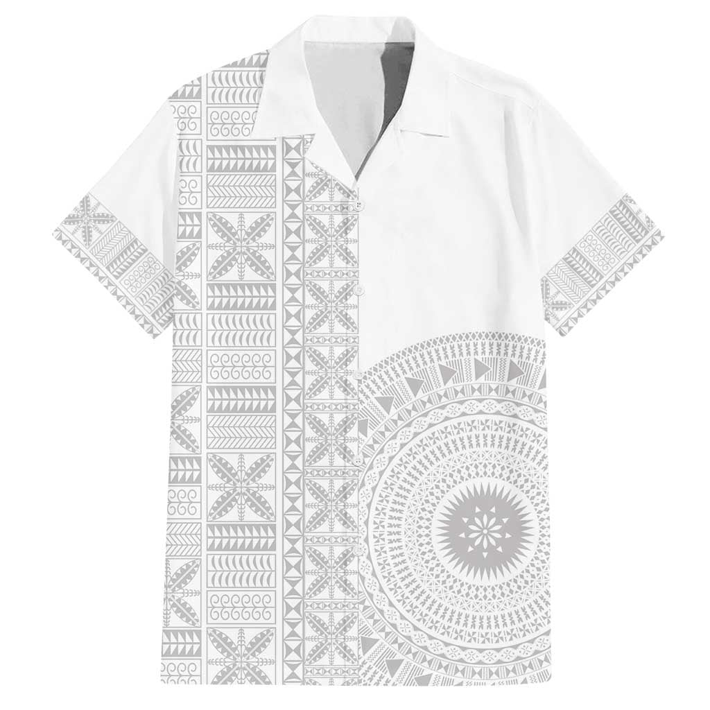 Niue White Sunday Family Matching Tank Maxi Dress and Hawaiian Shirt Half Hiapo Pattern Vibes LT14 Dad's Shirt - Short Sleeve White - Polynesian Pride