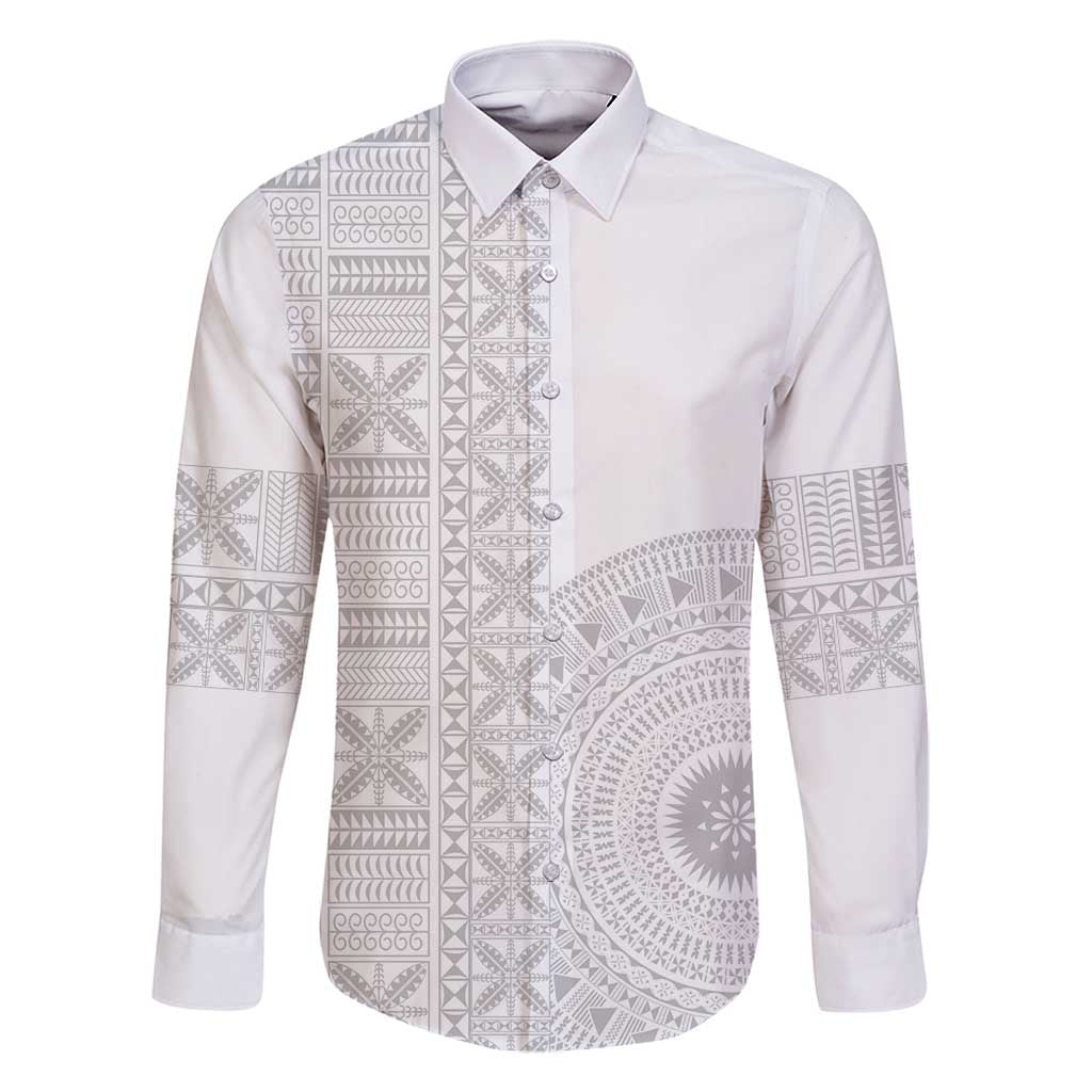 Niue White Sunday Family Matching Tank Maxi Dress and Hawaiian Shirt Half Hiapo Pattern Vibes LT14 Dad's Shirt - Long Sleeve White - Polynesian Pride