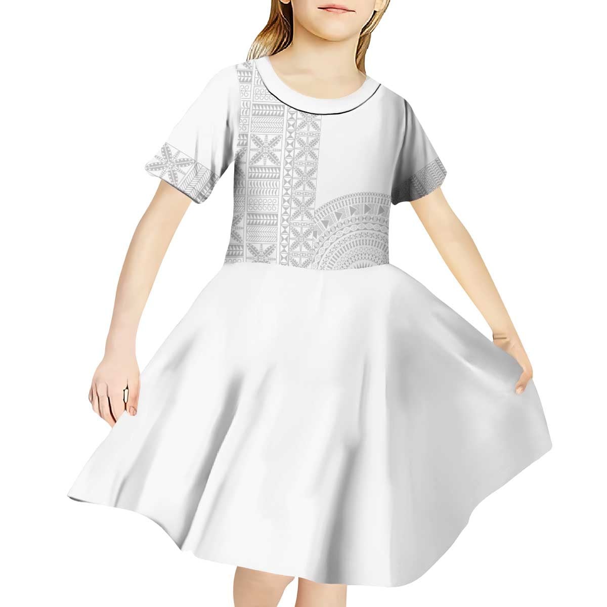Niue White Sunday Kid Short Sleeve Dress Half Hiapo Pattern Vibes - Polynesian Pride
