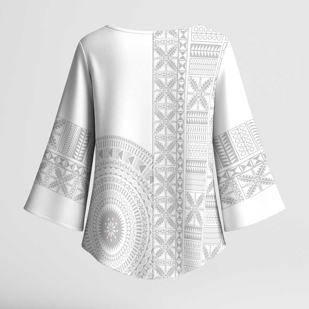Niue White Sunday Kimono Sleeve Blouse Half Hiapo Pattern Vibes - Polynesian Pride