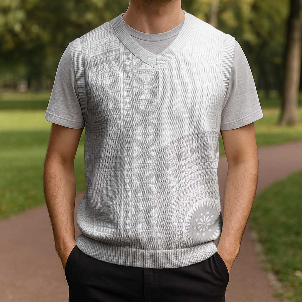Niue White Sunday Christmas Knitted V-Neck Vest Half Hiapo Pattern Vibes - Polynesian Pride