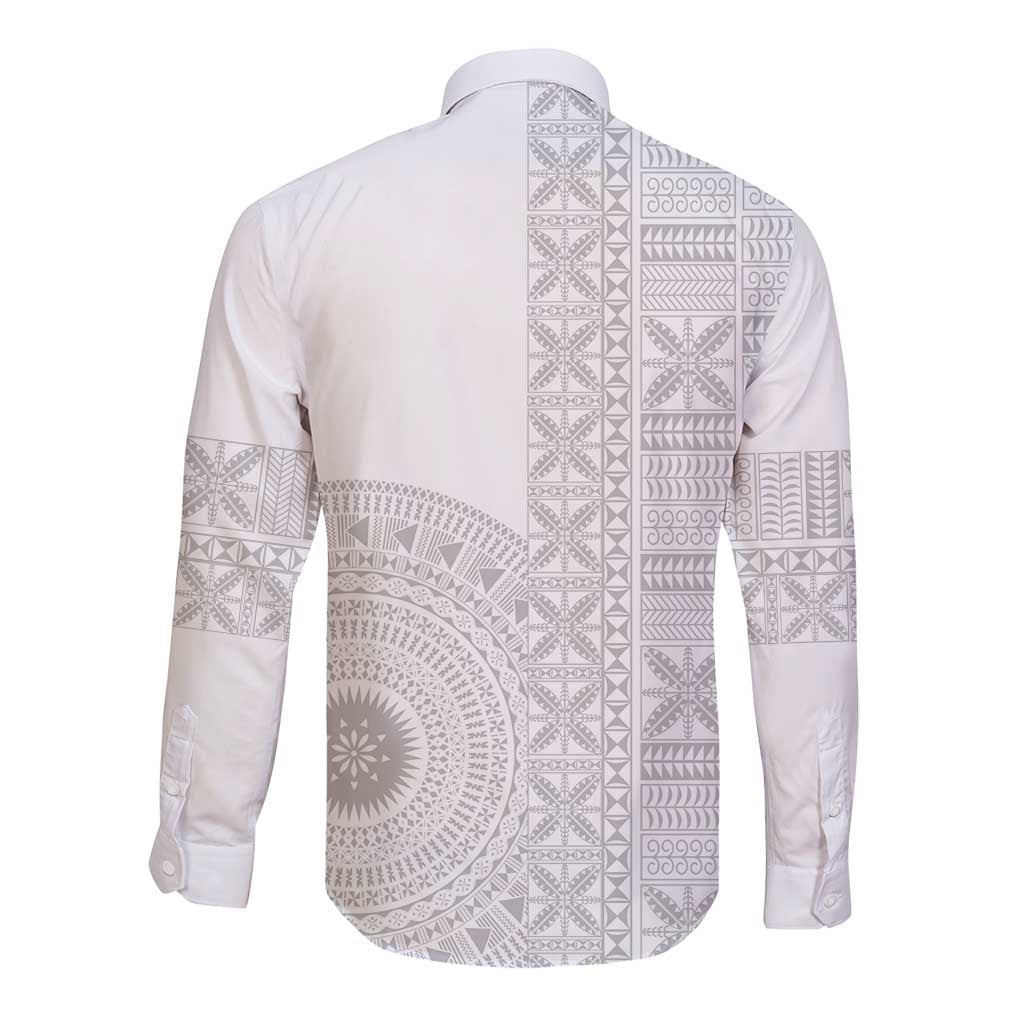 Niue White Sunday Long Sleeve Button Shirt Half Hiapo Pattern Vibes - Polynesian Pride