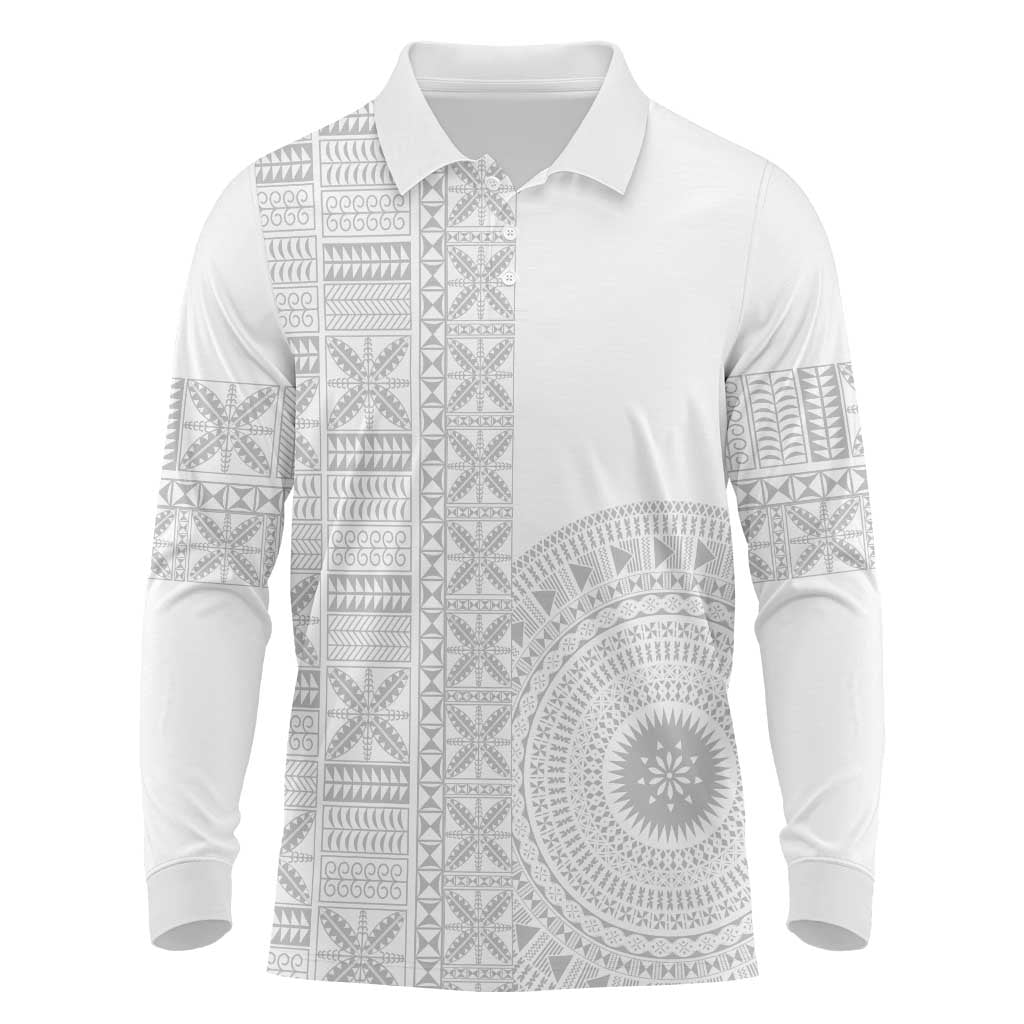 Niue White Sunday Long Sleeve Polo Shirt Half Hiapo Pattern Vibes - Polynesian Pride