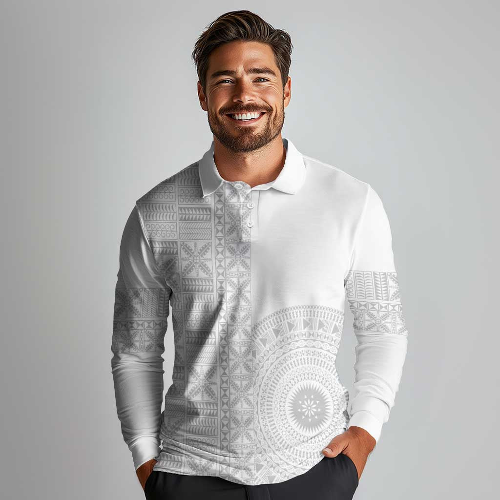 Niue White Sunday Long Sleeve Polo Shirt Half Hiapo Pattern Vibes - Polynesian Pride