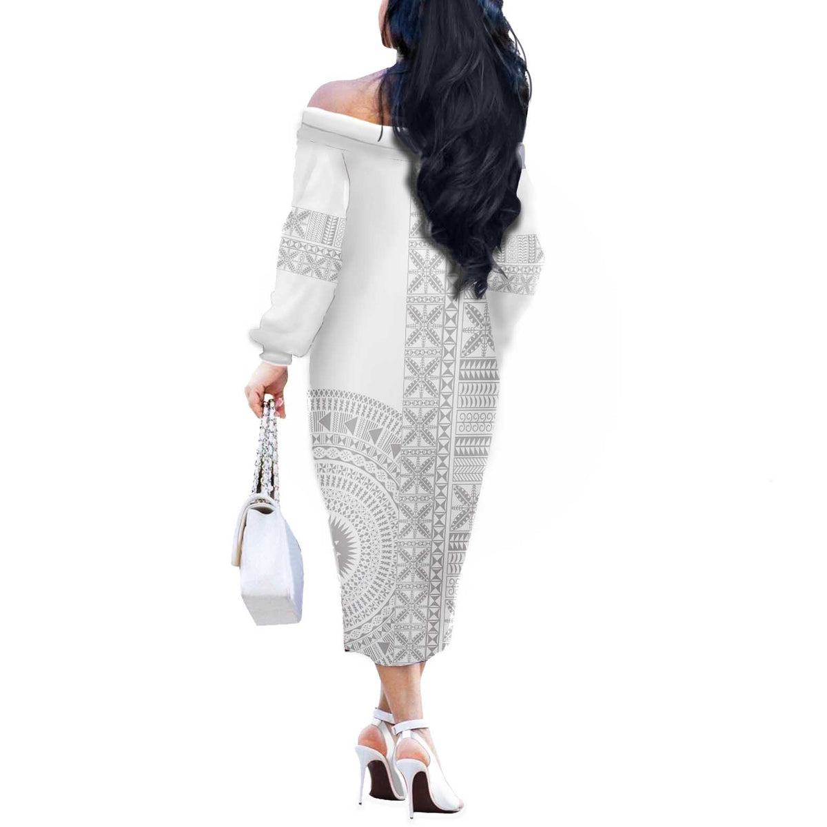 Niue White Sunday Off The Shoulder Long Sleeve Dress Half Hiapo Pattern Vibes - Polynesian Pride