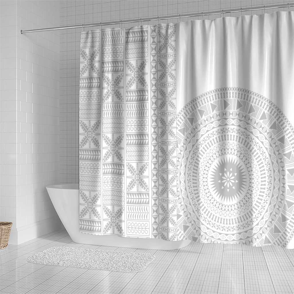 Niue White Sunday Shower Curtain Half Hiapo Pattern Vibes - Polynesian Pride