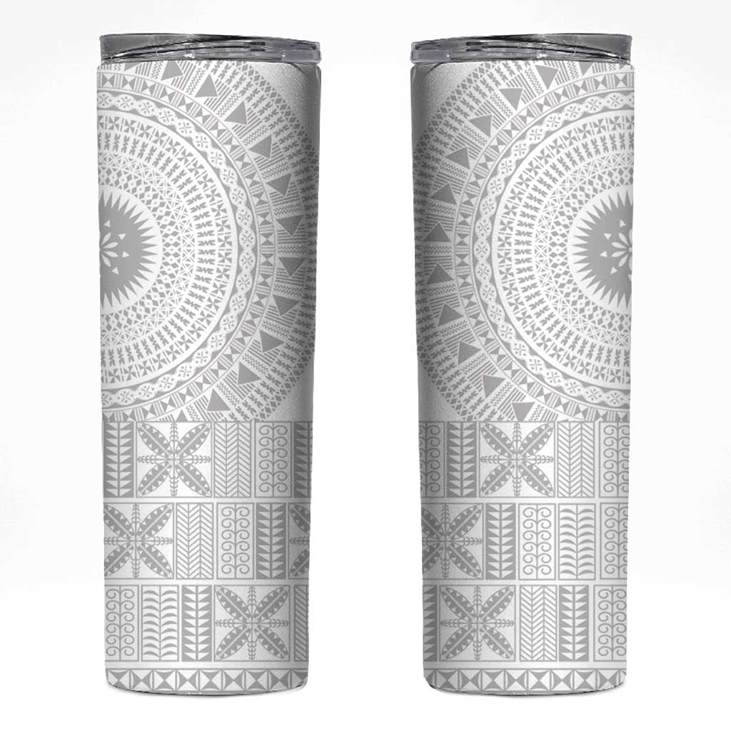 Niue White Sunday Skinny Tumbler Half Hiapo Pattern Vibes - Polynesian Pride