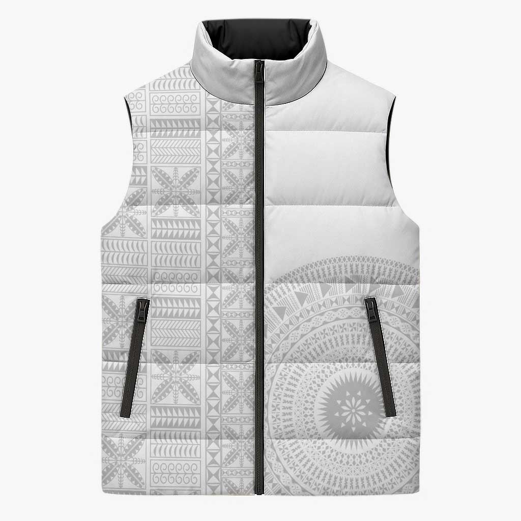 Niue White Sunday Sleeveless Puffer Jacket Half Hiapo Pattern Vibes - Polynesian Pride