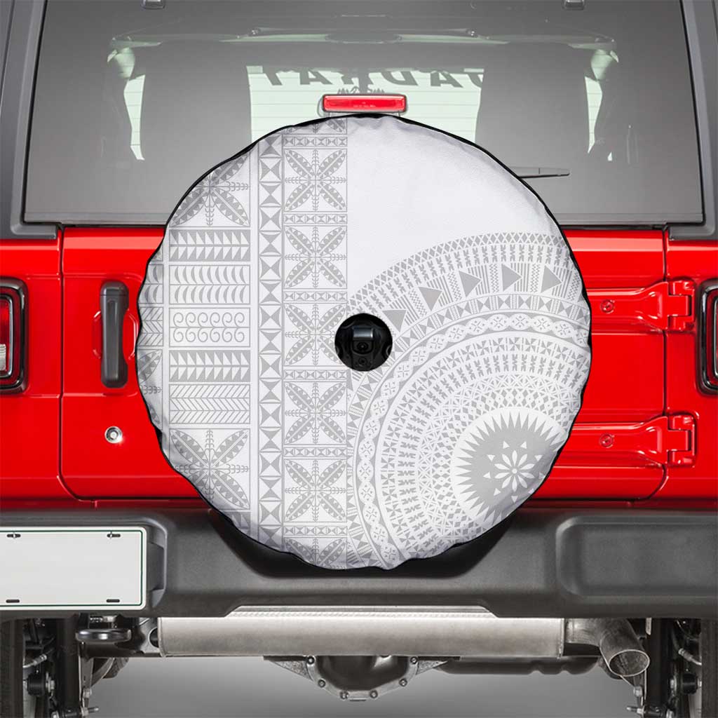 Niue White Sunday Spare Tire Cover Half Hiapo Pattern Vibes - Polynesian Pride