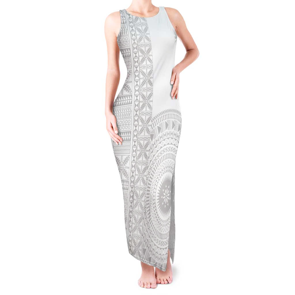 Niue White Sunday Tank Maxi Dress Half Hiapo Pattern Vibes LT14 Women White - Polynesian Pride