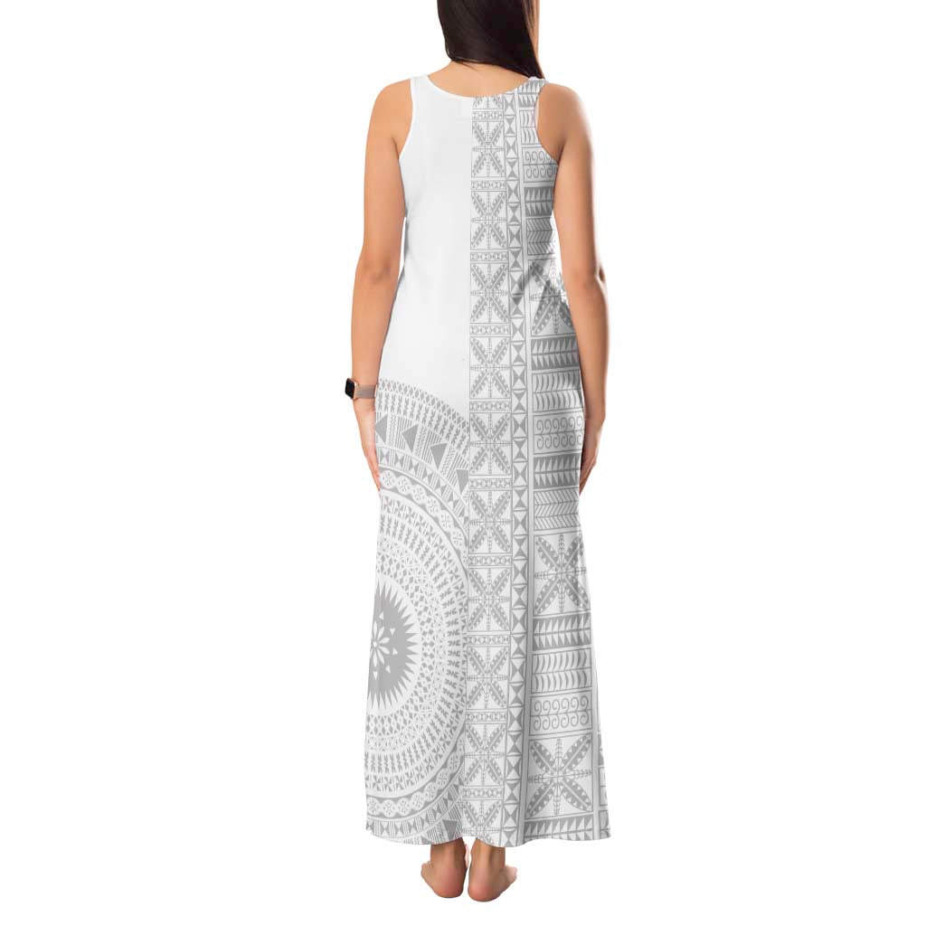 Niue White Sunday Tank Maxi Dress Half Hiapo Pattern Vibes LT14 - Polynesian Pride