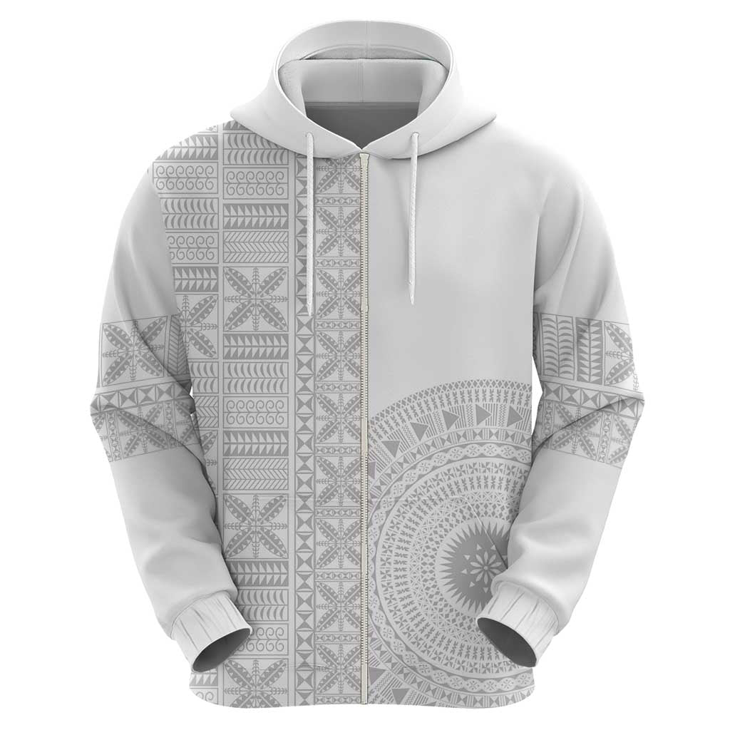 Niue White Sunday Zip Hoodie Half Hiapo Pattern Vibes - Polynesian Pride