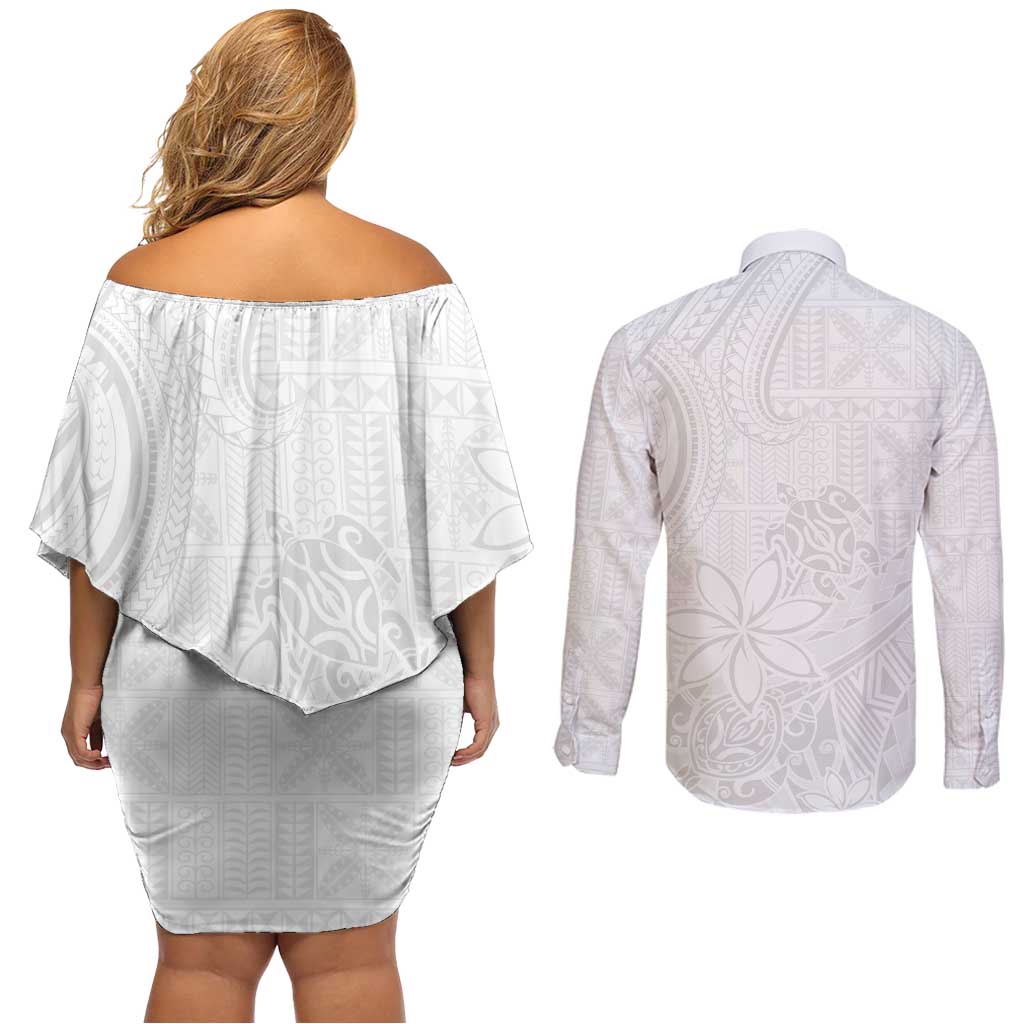 Tapu Fanau Ia Niue Couples Matching Off Shoulder Short Dress and Long Sleeve Button Shirt Happy White Sunday Unique Hiapo - Polynesian Pride