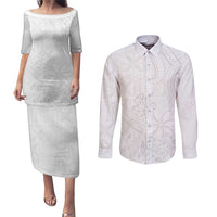 Tapu Fanau Ia Niue Couples Matching Puletasi and Long Sleeve Button Shirt Happy White Sunday Unique Hiapo - Polynesian Pride