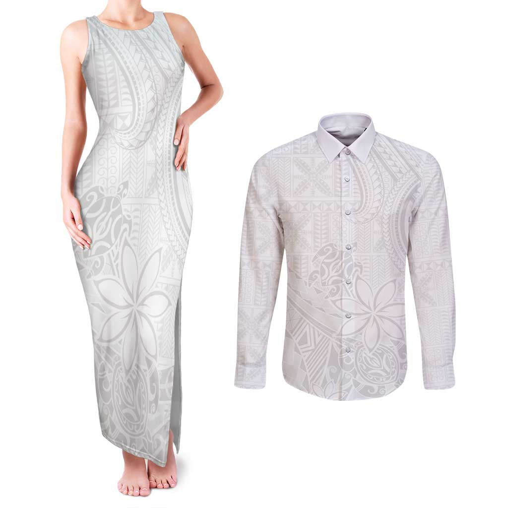 Tapu Fanau Ia Niue Couples Matching Tank Maxi Dress and Long Sleeve Button Shirt Happy White Sunday Unique Hiapo LT14 White - Polynesian Pride