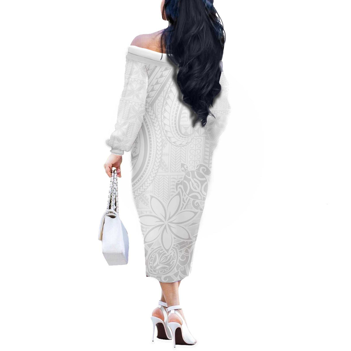 Tapu Fanau Ia Niue Off The Shoulder Long Sleeve Dress Happy White Sunday Unique Hiapo - Polynesian Pride