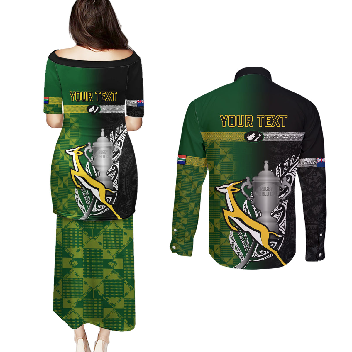Personalised New Zealand and South Africa Rugby Couples Matching Puletasi Dress and Long Sleeve Button Shirt 2023 World Cup Final All Black Springboks Together LT14 - Polynesian Pride