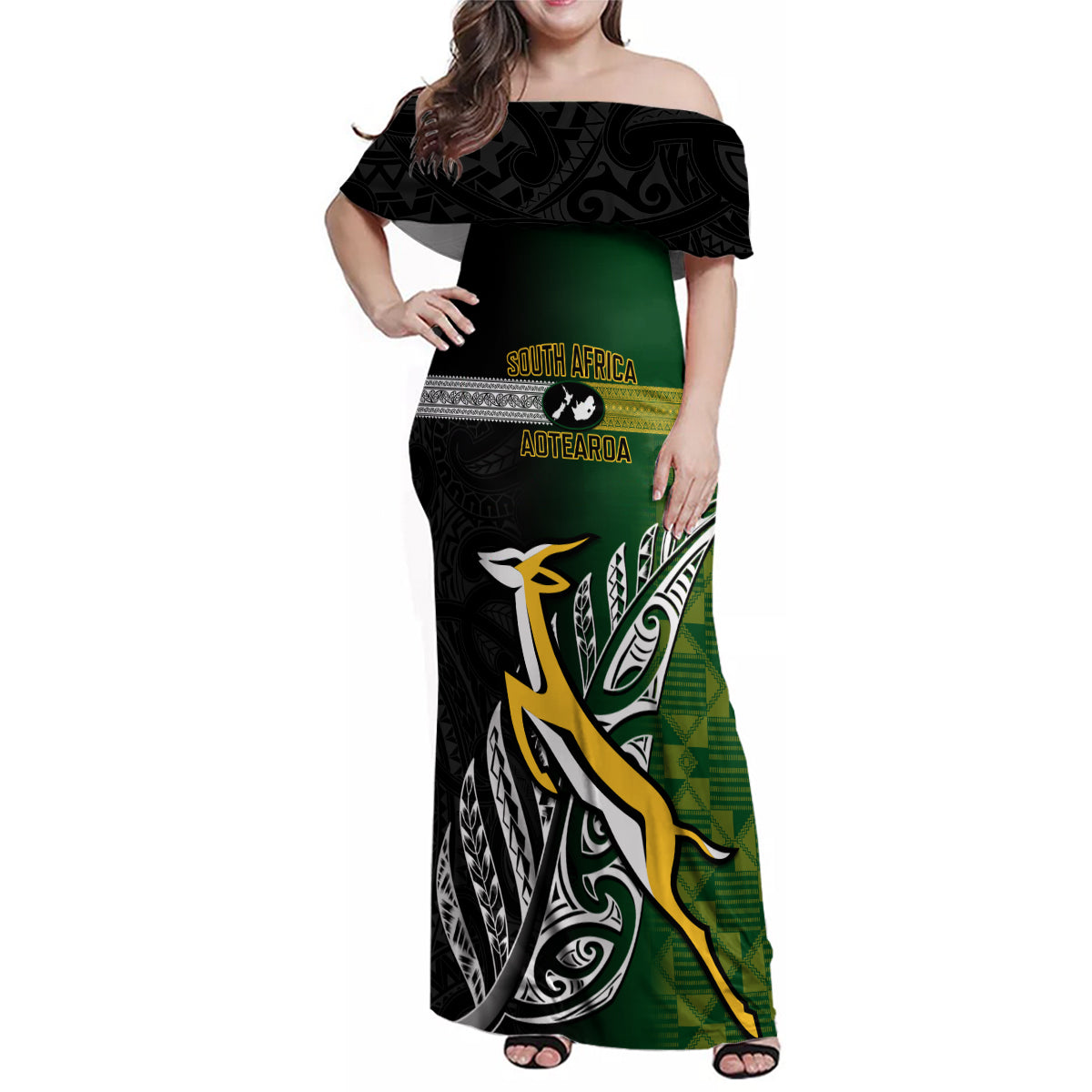 Personalised New Zealand and South Africa Rugby Family Matching Off Shoulder Maxi Dress and Hawaiian Shirt 2023 World Cup Final All Black Springboks Together LT14 Mom's Dress Black - Polynesian Pride