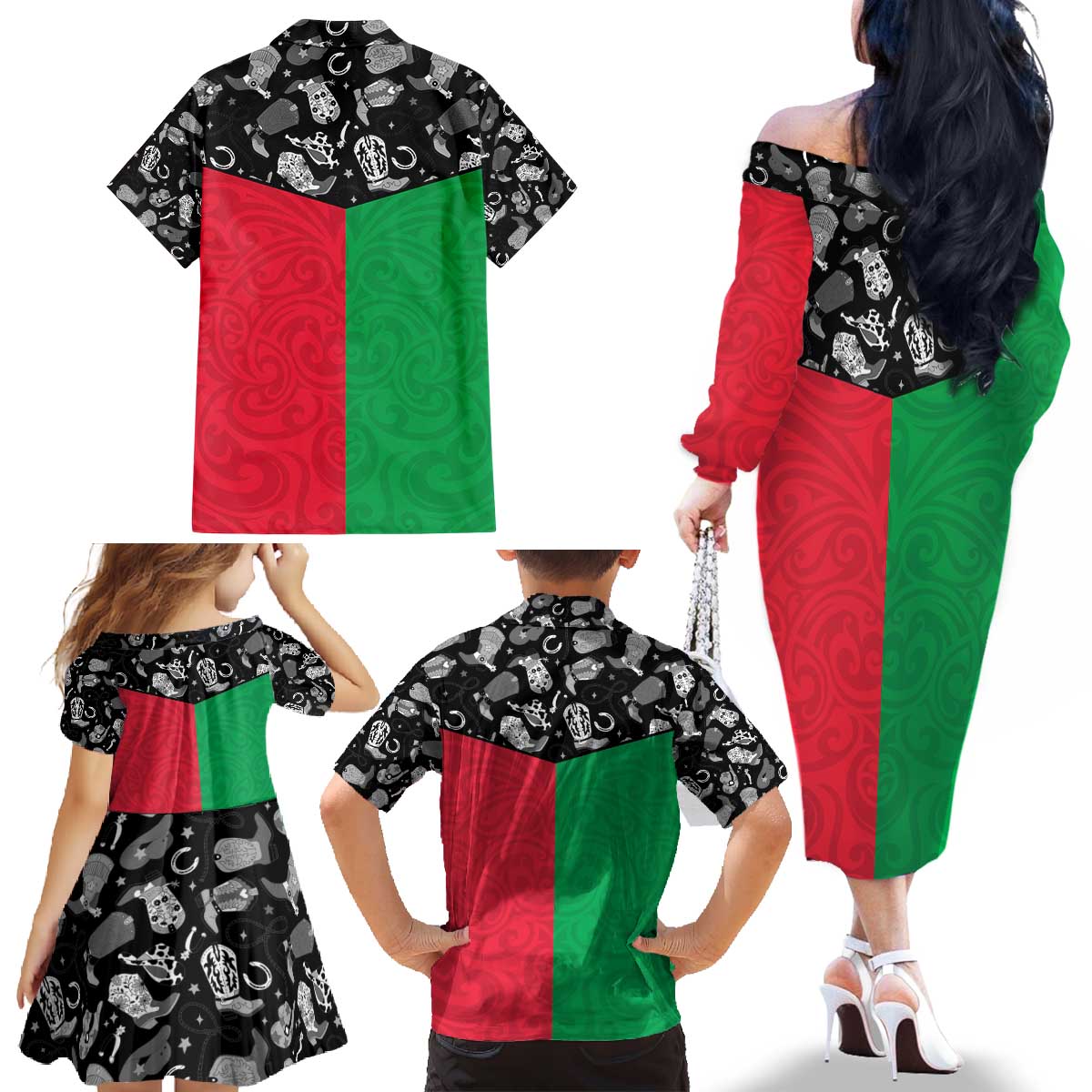 Vanuatu Cowboy Family Matching Off The Shoulder Long Sleeve Dress and Hawaiian Shirt Cowboy Symbols Split Stylized - Polynesian Pride
