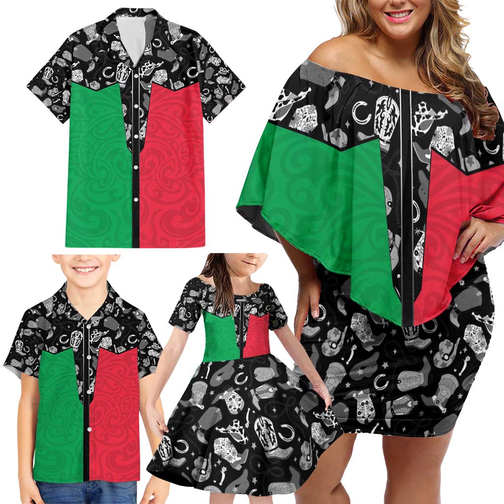 Vanuatu Cowboy Family Matching Off Shoulder Short Dress and Hawaiian Shirt Cowboy Symbols Split Stylized - Polynesian Pride