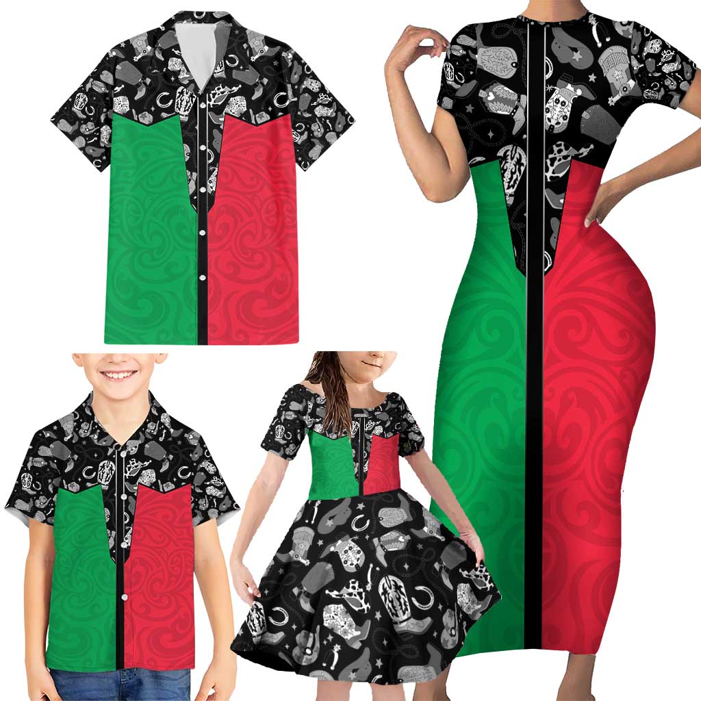Vanuatu Cowboy Family Matching Short Sleeve Bodycon Dress and Hawaiian Shirt Cowboy Symbols Split Stylized - Polynesian Pride
