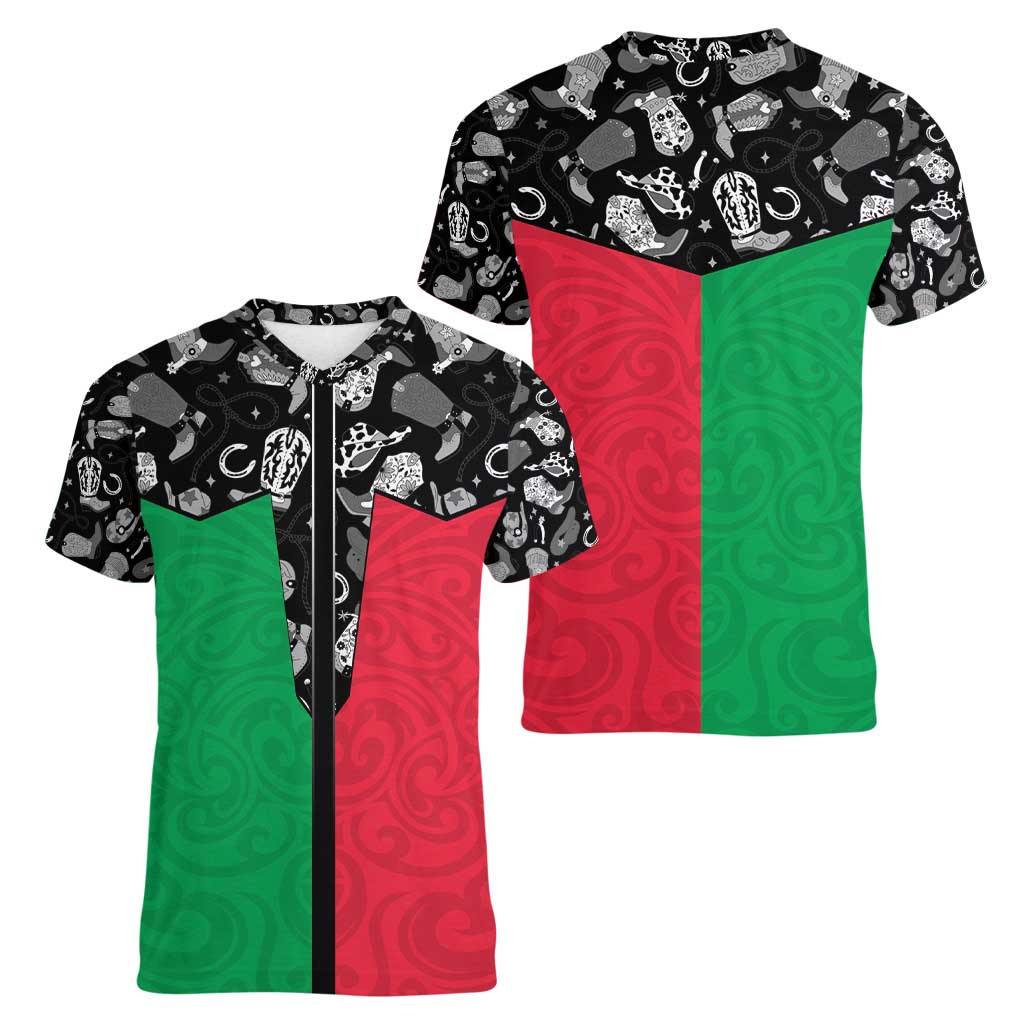 Vanuatu Cowboy Women V-Neck T-Shirt Cowboy Symbols Split Stylized - Polynesian Pride