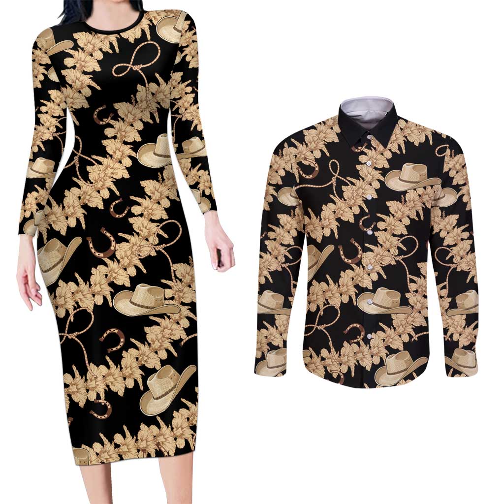 Vanuatu Cowboy Couples Matching Long Sleeve Bodycon Dress and Long Sleeve Button Shirt Seamless Straw Hats Hibiscus - Polynesian Pride