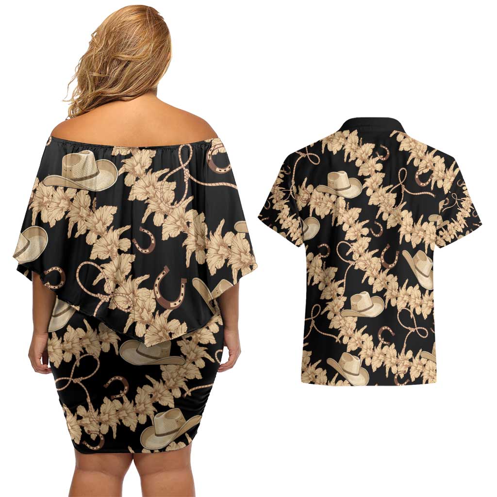 Vanuatu Cowboy Couples Matching Off Shoulder Short Dress and Hawaiian Shirt Seamless Straw Hats Hibiscus - Polynesian Pride
