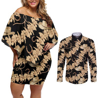 Vanuatu Cowboy Couples Matching Off Shoulder Short Dress and Long Sleeve Button Shirt Seamless Straw Hats Hibiscus - Polynesian Pride