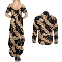 Vanuatu Cowboy Couples Matching Summer Maxi Dress and Long Sleeve Button Shirt Seamless Straw Hats Hibiscus - Polynesian Pride