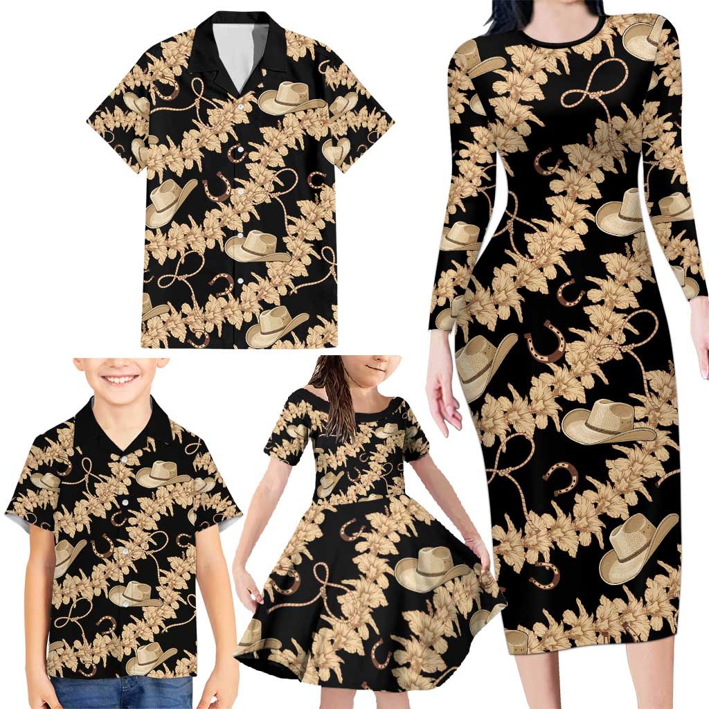 Vanuatu Cowboy Family Matching Long Sleeve Bodycon Dress and Hawaiian Shirt Seamless Straw Hats Hibiscus - Polynesian Pride
