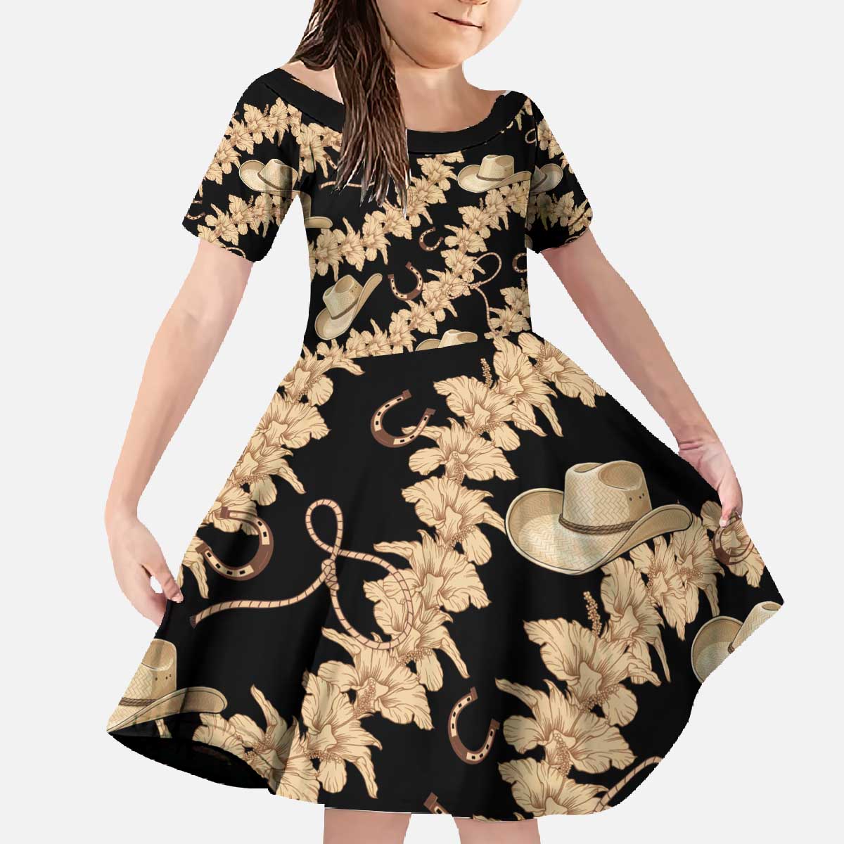 Vanuatu Cowboy Family Matching Off The Shoulder Long Sleeve Dress and Hawaiian Shirt Seamless Straw Hats Hibiscus - Polynesian Pride