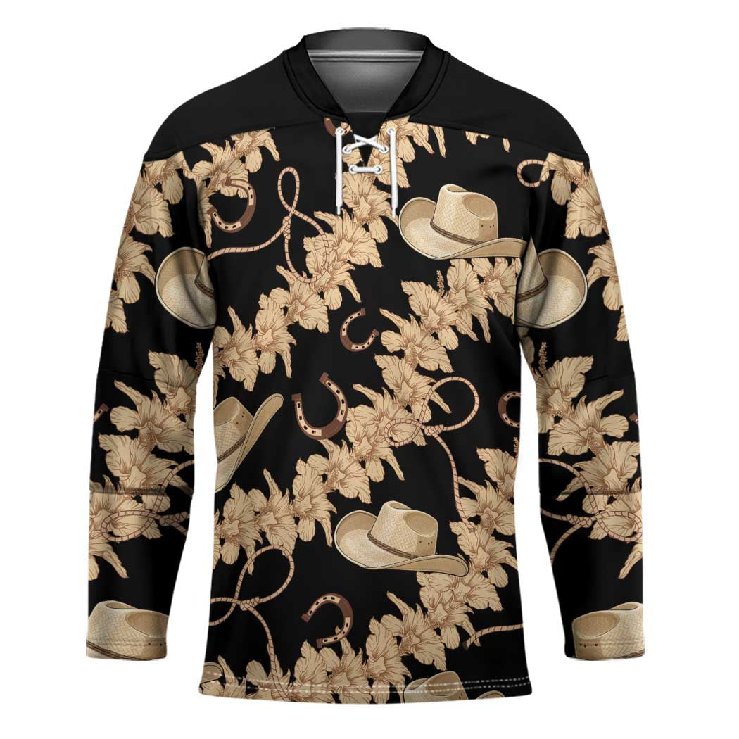 Vanuatu Cowboy Hockey Jersey Seamless Straw Hats Hibiscus LT14 Unisex Black - Polynesian Pride