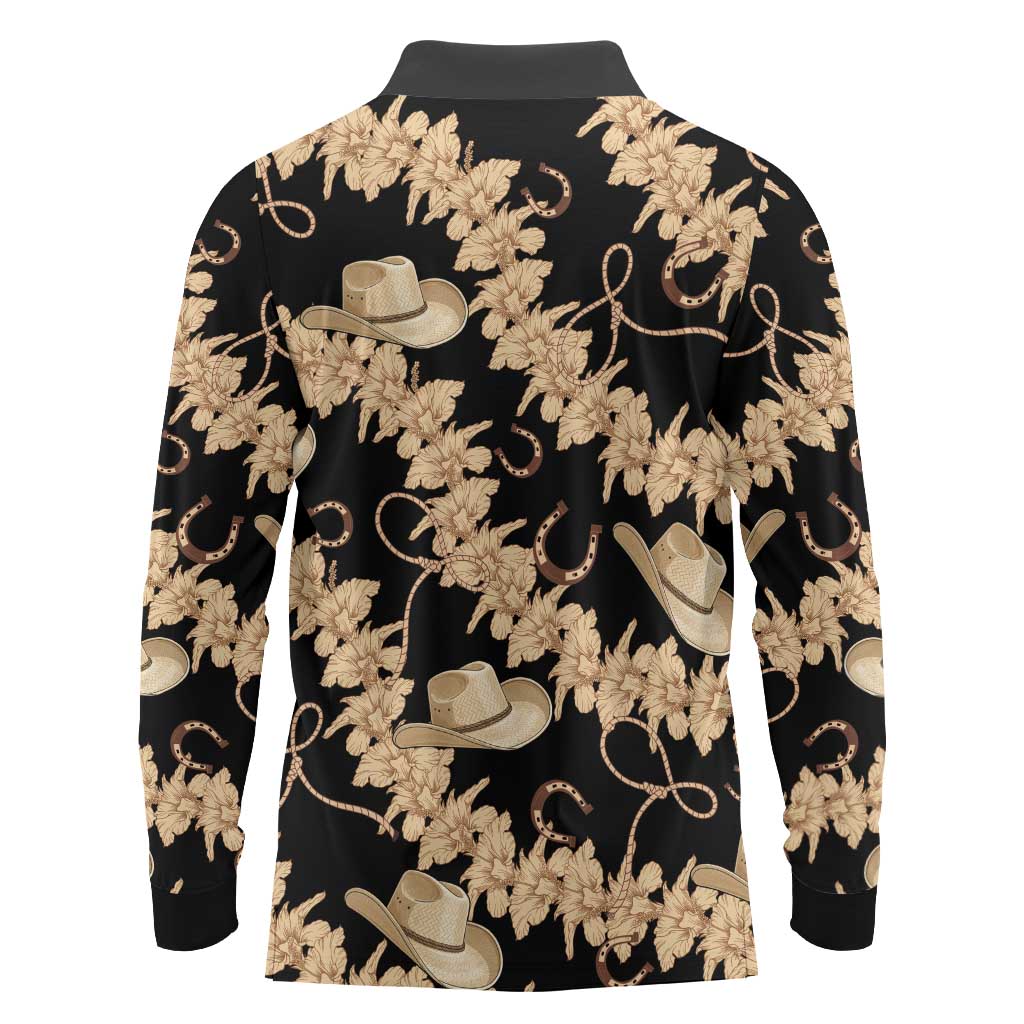 Vanuatu Cowboy Long Sleeve Polo Shirt Seamless Straw Hats Hibiscus - Polynesian Pride