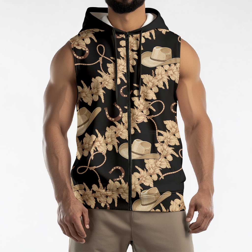 Vanuatu Cowboy Sleeveless Zip Hoodie Seamless Straw Hats Hibiscus - Polynesian Pride
