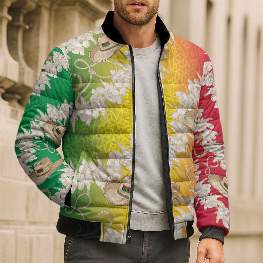 Vanuatu Cowboy Bomber Puffer Jacket Straw Hats Hibiscus With Sand Drawing - Polynesian Pride