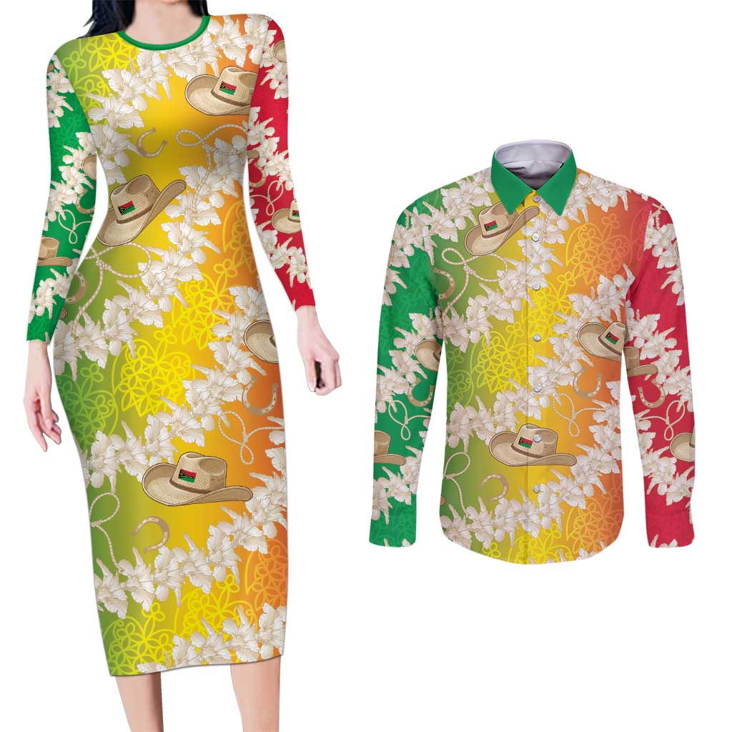 Vanuatu Cowboy Couples Matching Long Sleeve Bodycon Dress and Long Sleeve Button Shirt Straw Hats Hibiscus With Sand Drawing - Polynesian Pride