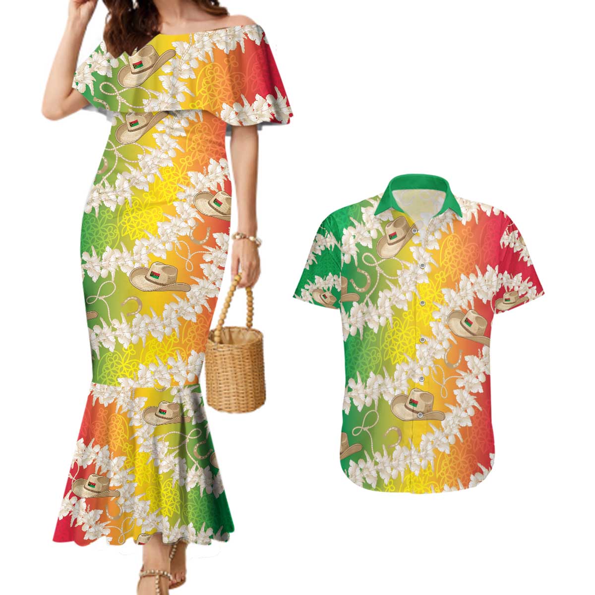 Vanuatu Cowboy Couples Matching Mermaid Dress and Hawaiian Shirt Straw Hats Hibiscus With Sand Drawing - Polynesian Pride