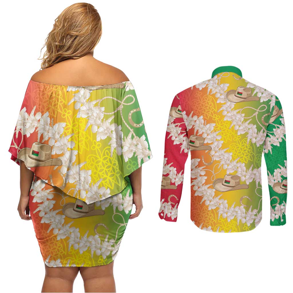 Vanuatu Cowboy Couples Matching Off Shoulder Short Dress and Long Sleeve Button Shirt Straw Hats Hibiscus With Sand Drawing - Polynesian Pride