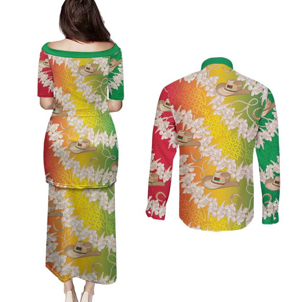 Vanuatu Cowboy Couples Matching Puletasi and Long Sleeve Button Shirt Straw Hats Hibiscus With Sand Drawing - Polynesian Pride